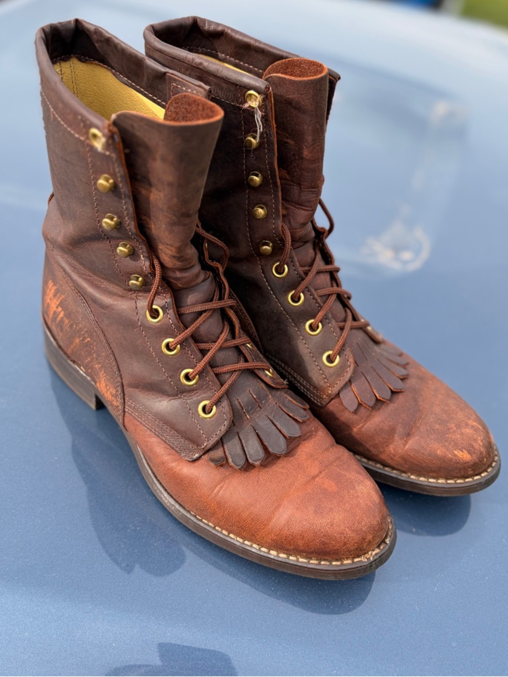 Brown Leather Lace-Up Boots with Fringe
